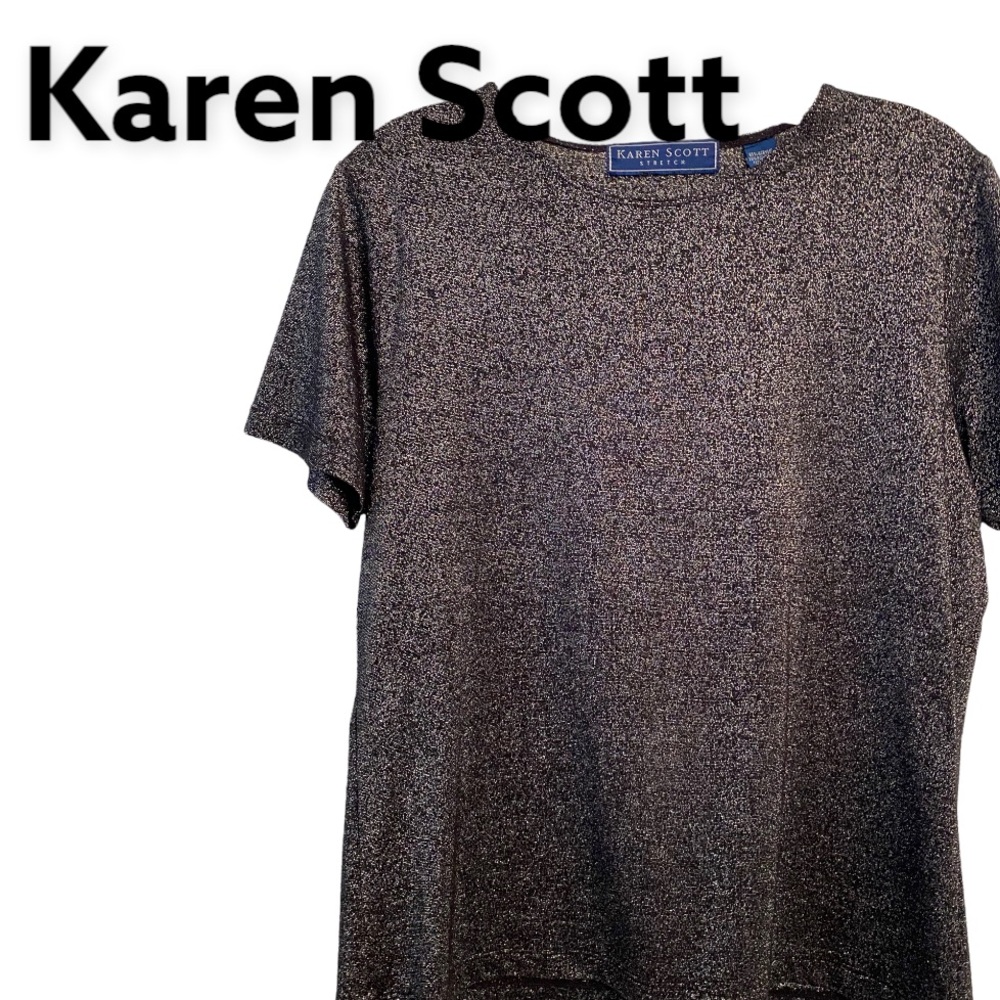 Karen Scott Metallic Black  Short Sleeve Black Pullover Top S